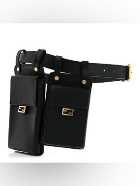 New Authentic FENDI Leather Double Pouch Belt Bag Black Gold NWT